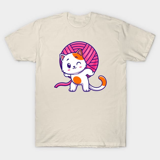 Cute Cat Bring Yarn Ball Cartoon T-Shirt by Catalyst Labs